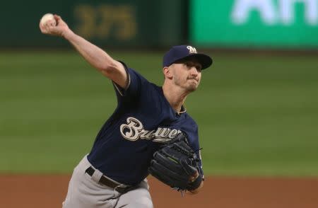 FILE PHOTO: Sep 22, 2018; Pittsburgh, PA, USA; Milwaukee Brewers starting pitcher Zach Davies (27) delivers a pitch against the Pittsburgh Pirates during the first inning at PNC Park. Mandatory Credit: Charles LeClaire-USA TODAY Sports