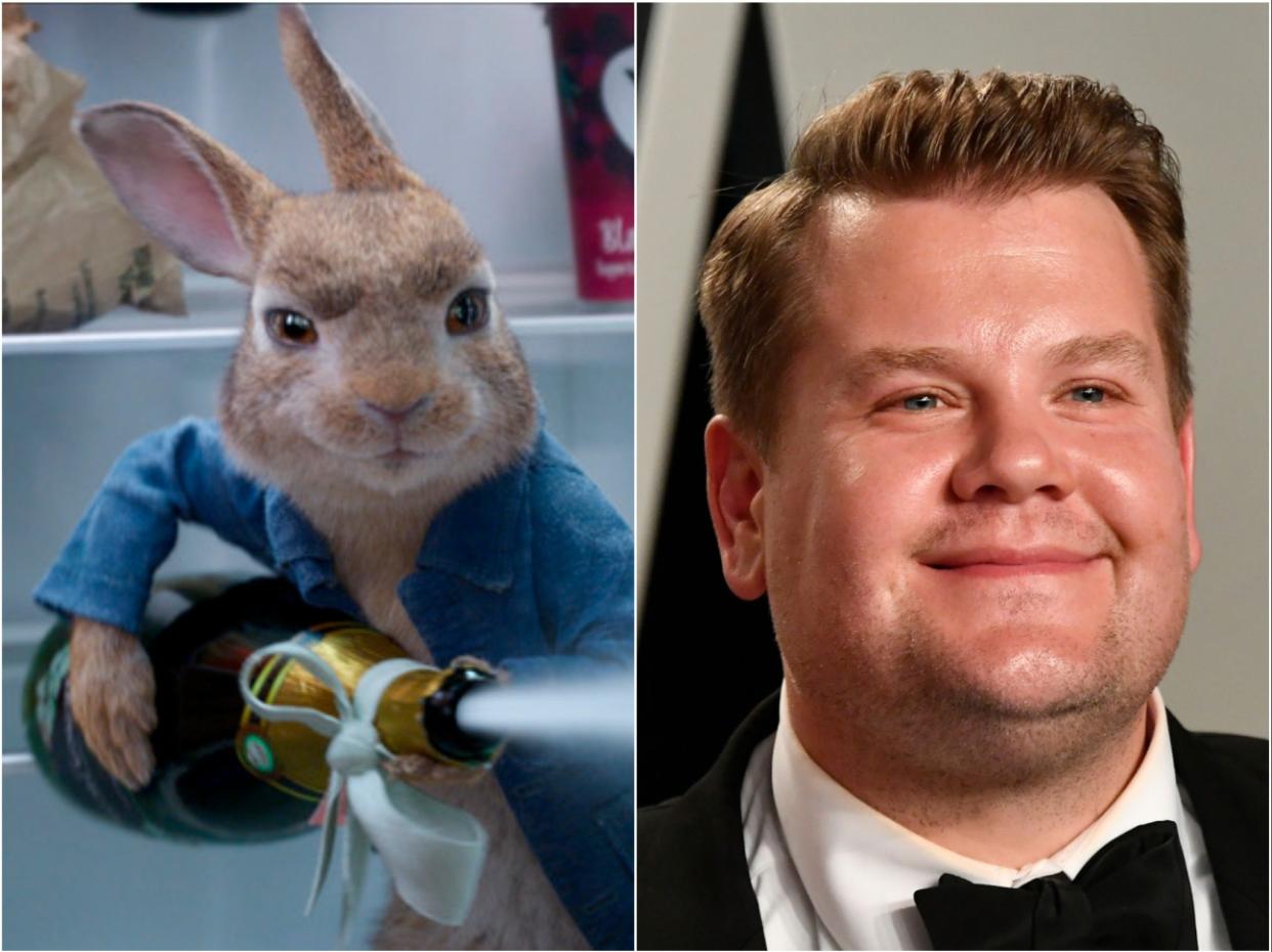 Peter Rabbit (left) and James Corden (right) (Sony/Getty)