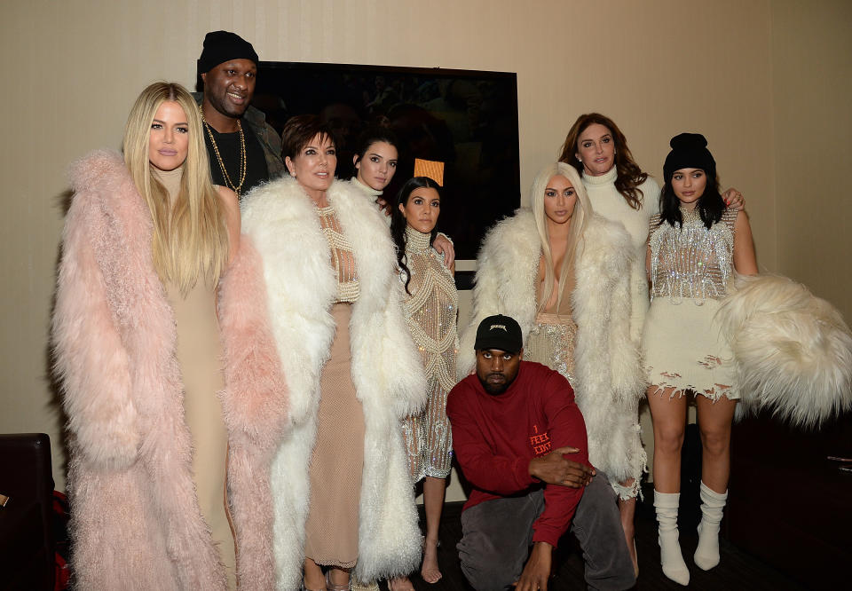 NEW YORK, NY - FEBRUARY 11:  Khloe Kardashian, Lamar Odom, Kris Jenner Kendall Jenner, Kourtney Kardashian, Kanye West, Kim Kardashian West, Caitlyn Jenner, Kylie Jenner attend Kanye West Yeezy Season 3 at Madison Square Garden on February 11, 2016 in New York City.  (Photo by Kevin Mazur/Getty Images for Yeezy Season 3)