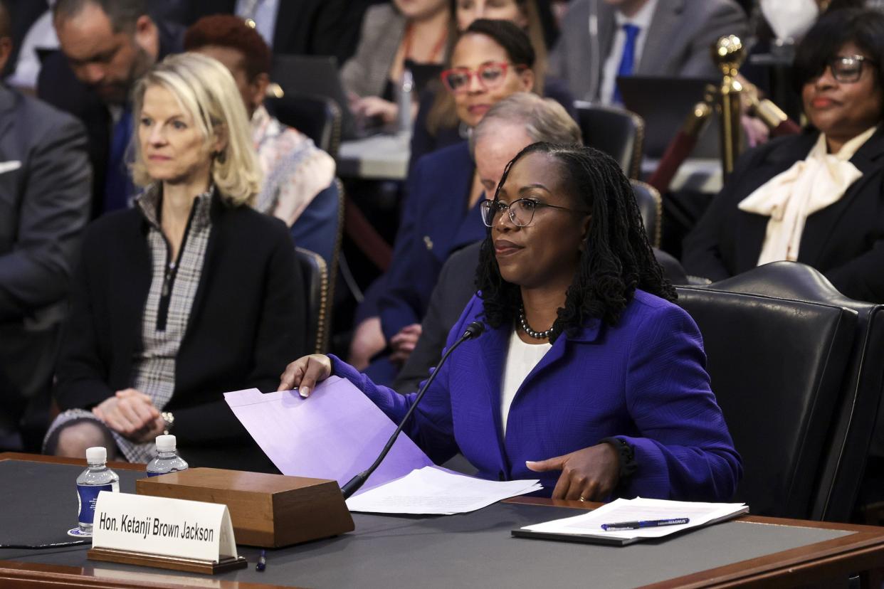 U.S. Supreme Court nominee Judge Ketanji Brown Jackson delivers her opening statement during her confirmation hearing before the Senate Judiciary Committee in the Hart Senate Office Building on Capitol Hill on March 21, 2022, in Washington, DC.