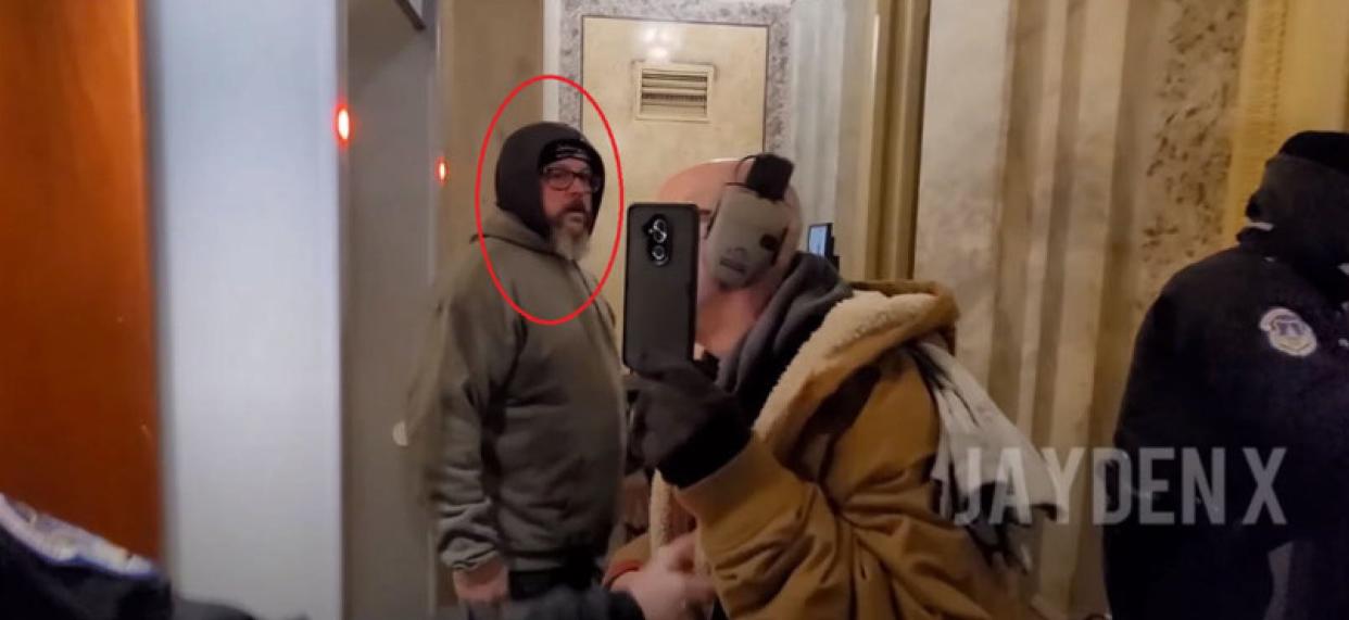 Investigators said video from inside the U.S. Capitol showed First Coast resident Jeffrey Register (face circled) was present during the Jan. 6, 2021, riot. This image was used in prosecutors' court filings.