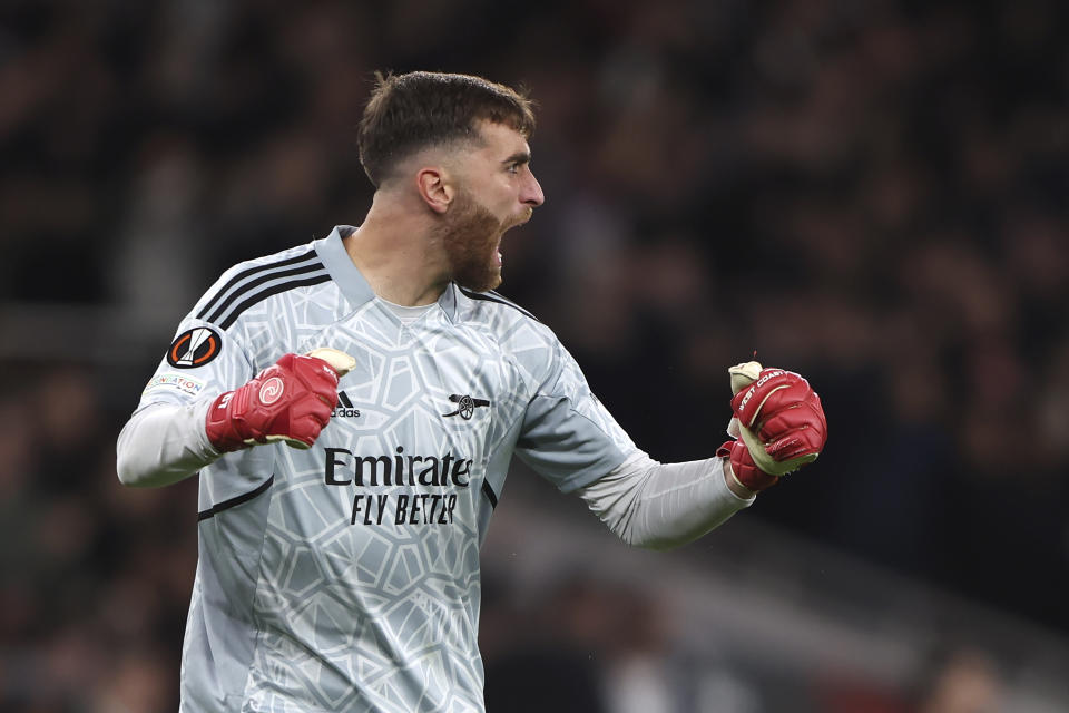 Arsenal's goalkeeper Matt Turner celebrates a goal from his teammate Granit Xhaka against PSV during the Europa League soccer match between Arsenal and PSV at Emirates stadium in London, Thursday, Oct. 20, 2022. (AP Photo/Ian Walton)