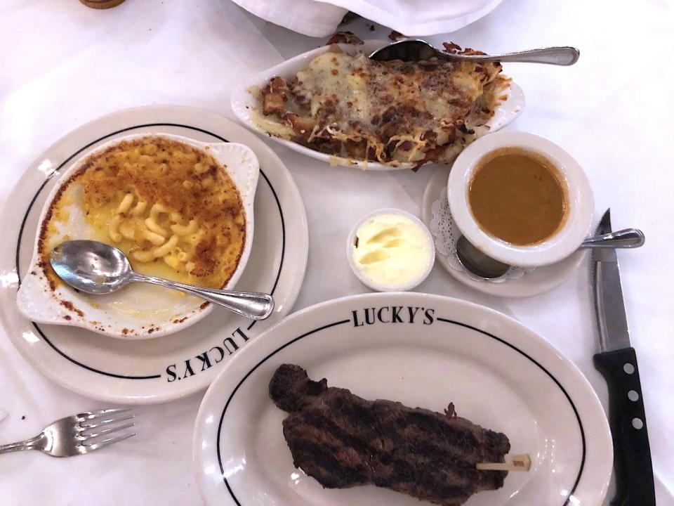 The mac and cheese, hash browns, and steak at Lucky's