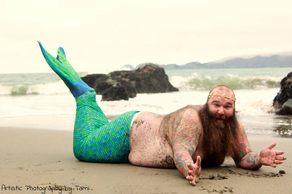 Beard and belly out on the sand.