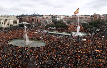 People gather during a protest called by right-wing opposition parties against Spanish Prime Minister Pedro Sanchez at Colon square in Madrid, Spain, February 10, 2019. REUTERS/Sergio Perez