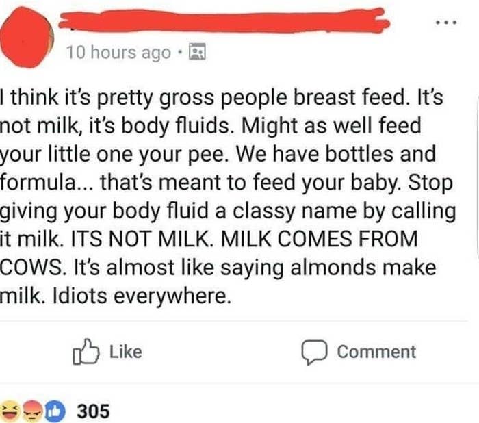 Someone who thinks it's gross that people breast feed because to them, "It's not milk, it's body fluids."