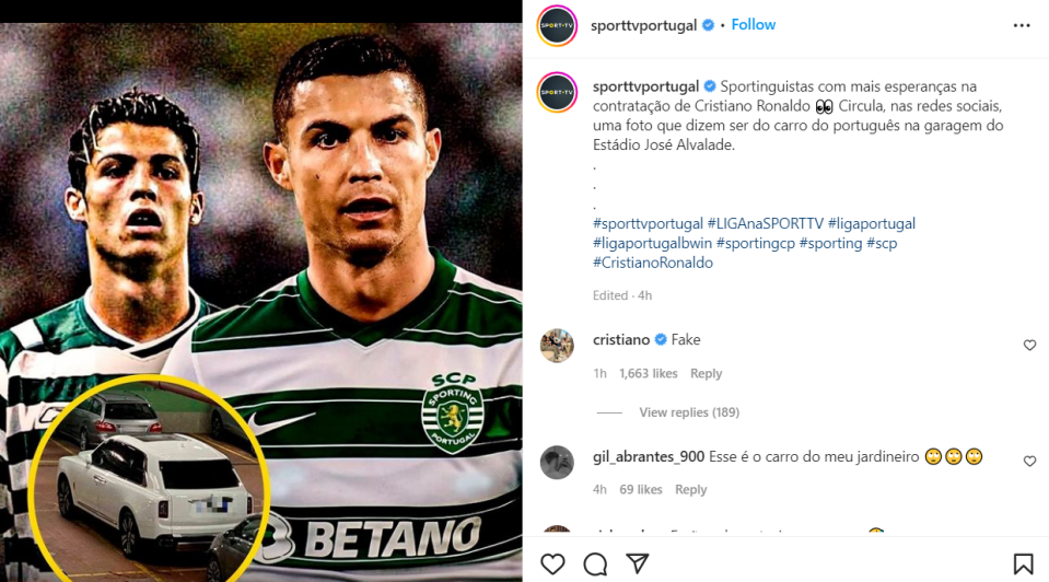 Cristiano Ronaldo responds to Sport TV claims he was spotted in Lisbon (Instagram)