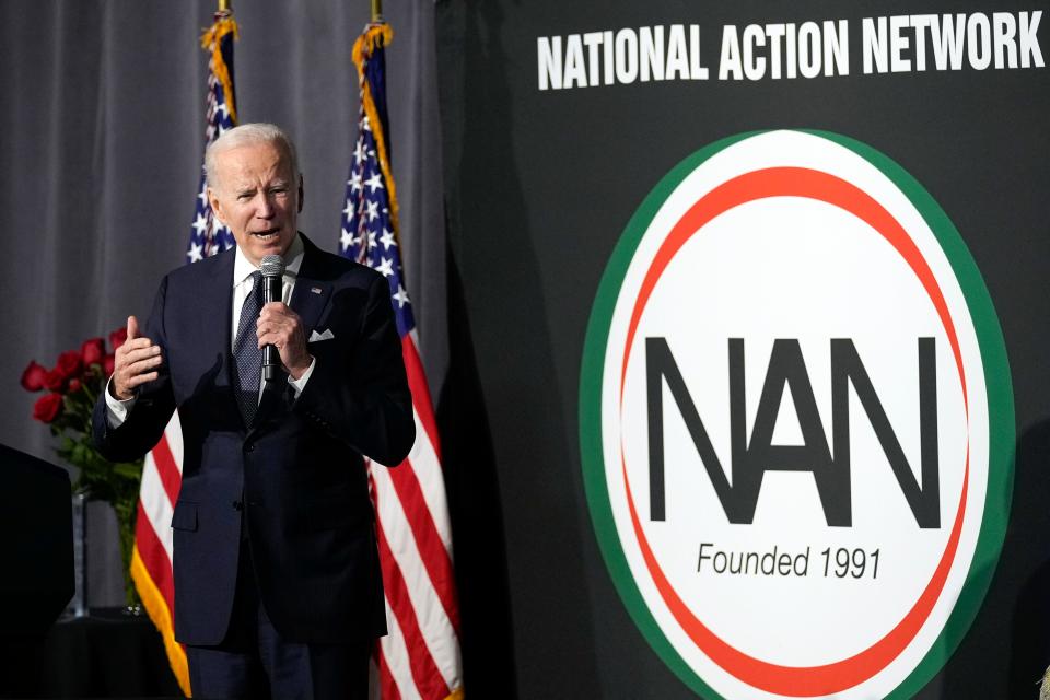 President Joe Biden speaks at the National Action Network's Martin Luther King Jr. Day breakfast on Monday in Washington.