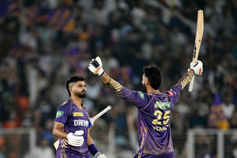 Kolkata Knight Riders' captain Shreyas Iyer (L) and Venkatesh Iyer celebrate after smashing their team into the IPL final (Punit PARANJPE)