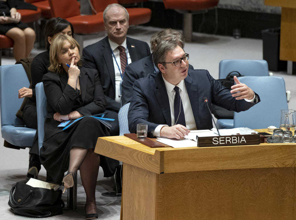 Serbian President Aleksandar Vucic makes his final remarks of the session during a Security Council Meeting at United States headquarters, Monday, Dec. 17, 2018. The presidents of Serbia and Kosovo earlier addressed the U.N. Security Council on Monday afternoon following Kosovo's decision to transform its existing 4,000-strong security force into a regular army and Serbia's threat of armed intervention. (AP Photo/Craig Ruttle)