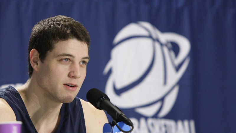 BYU guard Jimmer Fredette addresses the media during an NCAA college basketball press conference, Friday, March 19, 2010, in Oklahoma City.