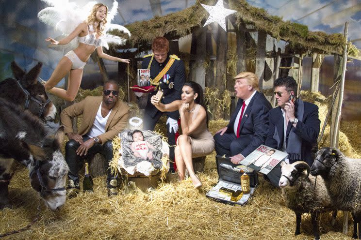 Lookalikes of Kim Kardashian and Kanye West, Donald Trump, and more pose for a new take on the iconic nativity scene. (Photo: Alison Jackson)