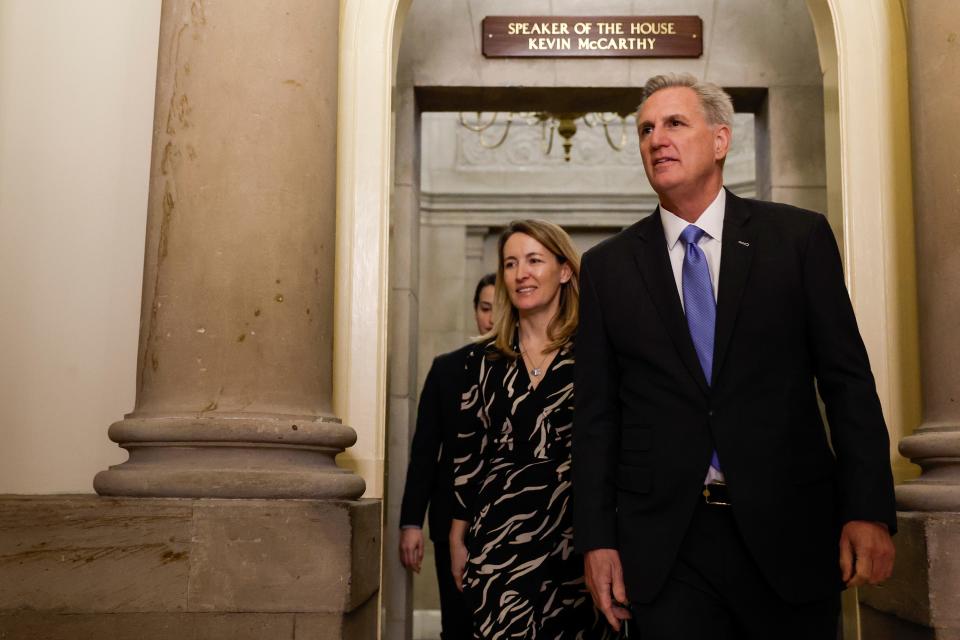 U.S. Speaker of the House Kevin McCarthy (R-CA) departs from his office for a series of votes in the U.S. Capitol Building on January 09, 2023 in Washington, DC.