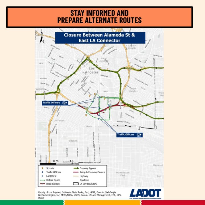 Freeway detour routes to avoid the 10 Freeway closure in downtown Los Angeles. (Los Angeles Mayor Karen Bass)