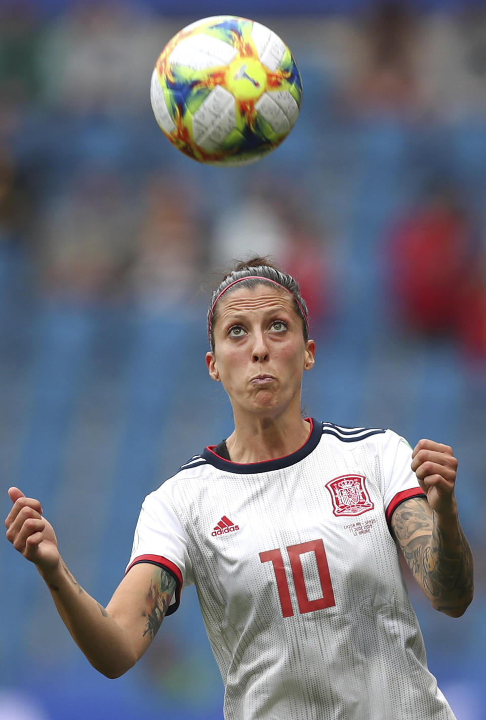 Spain's Jennifer Hermoso eyes the ball during the Women's World Cup Group B soccer match between China and Spain at the Stade Oceane in Le Havre, France, Monday, June 17, 2019. (AP Photo/Francisco Seco)