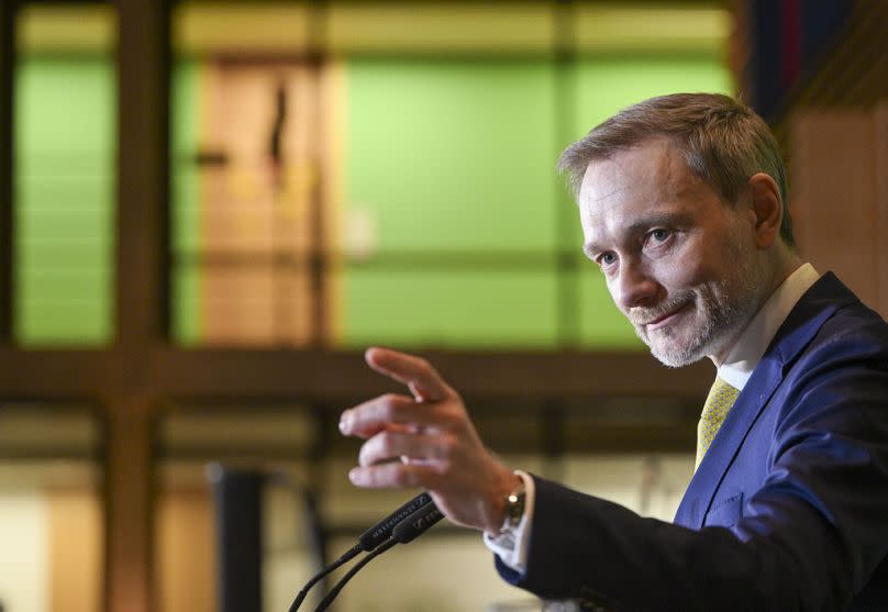 German Minister of Finance Christian Lindner gestures during his speech in the Lower Saxony State Representation in Berlin, February 2024