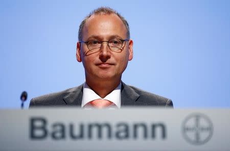 Werner Baumann, CEO of German pharmaceutical and chemical maker Bayer AG is pictured at the company's annual shareholder's meeting in Cologne, Germany, April 29, 2016. REUTERS/Wolfgang Rattay