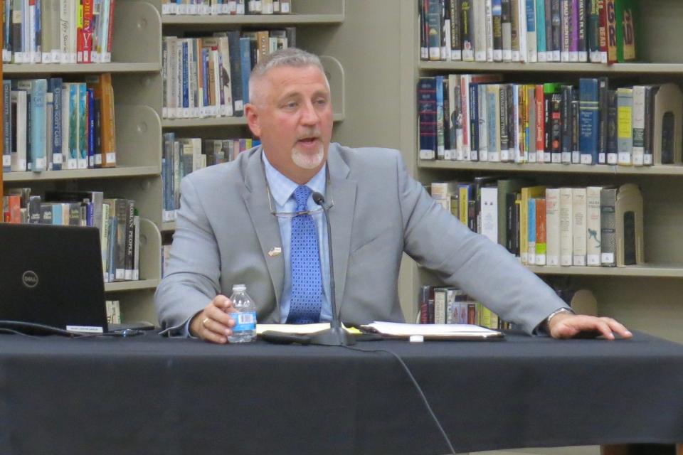 Rick Hilderley answers questions from the Tecumseh Public Schools board during a his second interview for superintendent in 2019. Hilderley is retiring in June, and the school board has started the process to hire a new superintendent.