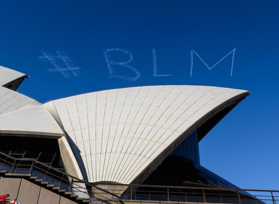 #BLM is written in skywriting ahead of a planned rally in Sydney, Australia, 06 June 2020.