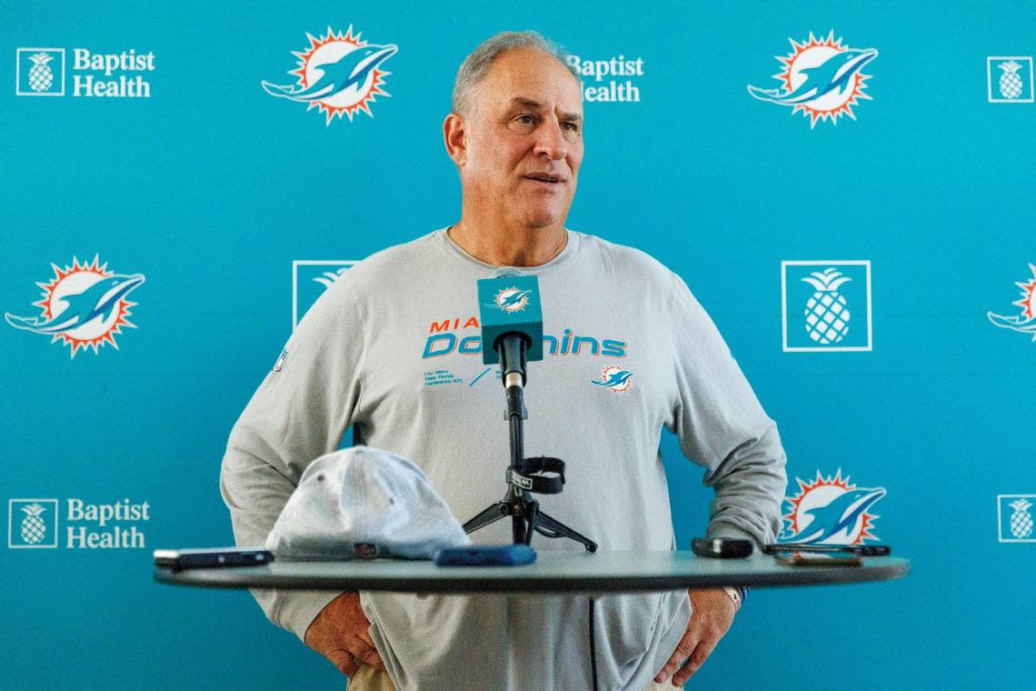 Miami Dolphins defensive coordinator Vic Fangio speaks with the media before NFL football training camp at Baptist Health Training Complex in Hard Rock Stadium on Tuesday, August 22, 2023 in Miami Gardens, Florida.