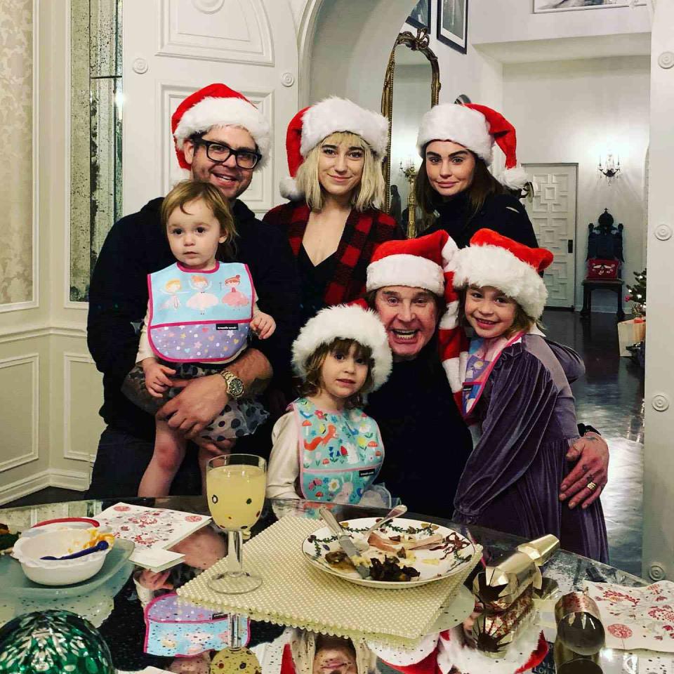 <p>Ozzy and his eldest daughter Aimee joined Jack's family for a sweet holiday photo after their <a href="https://www.instagram.com/p/B6e1xGuh1H8/" rel="nofollow noopener" target="_blank" data-ylk="slk:Christmas Eve dinner;elm:context_link;itc:0;sec:content-canvas" class="link ">Christmas Eve dinner</a> in 2019, in which everyone had on a Santa hat and a smile.</p>
