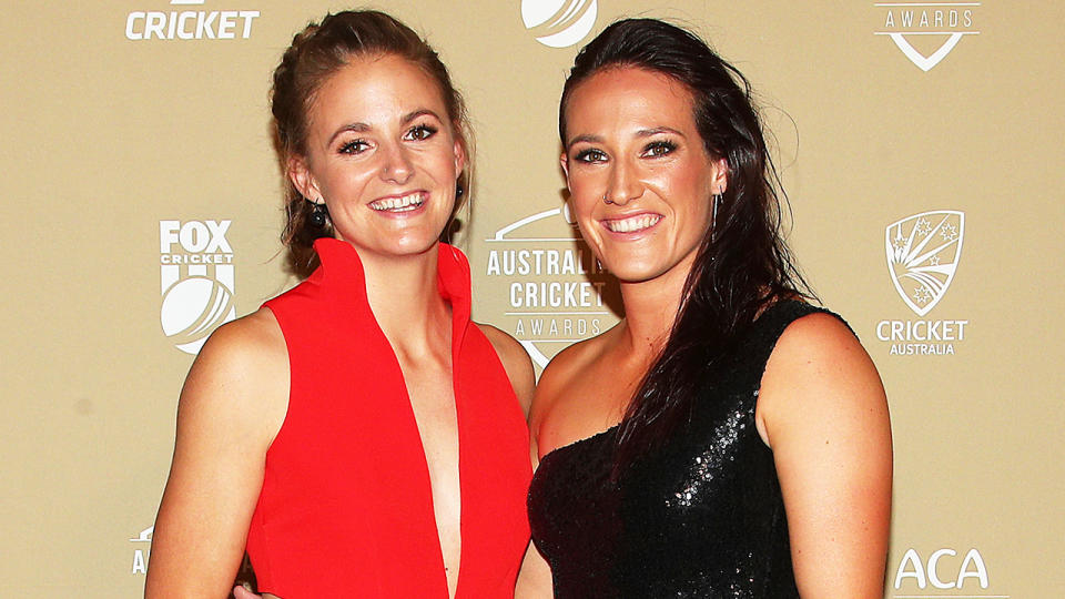 Jess Holyoake and Megan Schutt attend the 2019 Australian Cricket Awards.