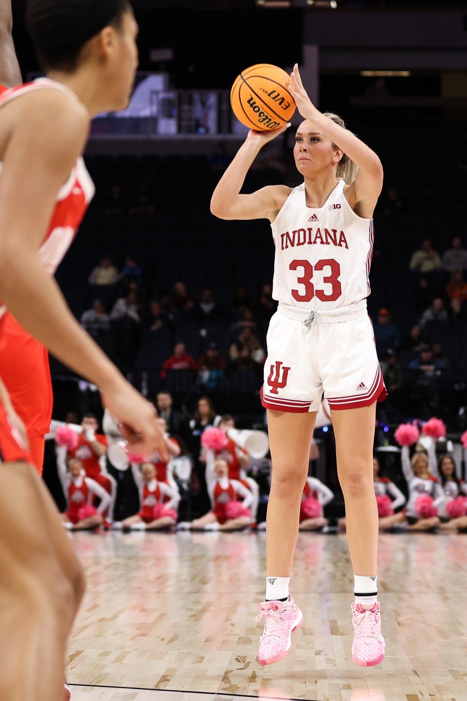 Mar 4, 2023; Minneapolis, MINN, USA; Indiana Hoosiers guard Sydney Parrish (33) shoots against the Ohio State Buckeyes during the second half at Target Center. Mandatory Credit: Matt Krohn-USA TODAY Sports