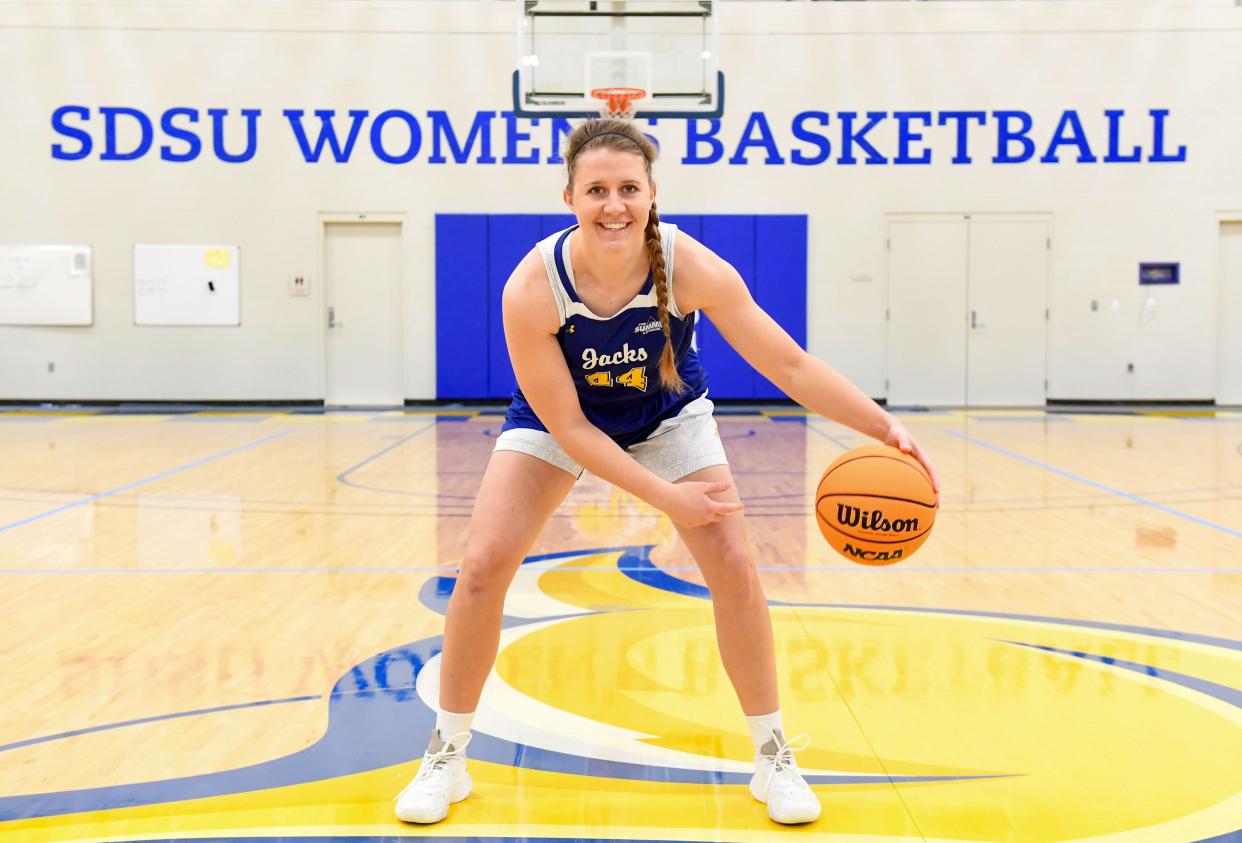 Myah Selland poses for a portrait on Wednesday, March 1, 2023, at Frost Arena in Brookings.