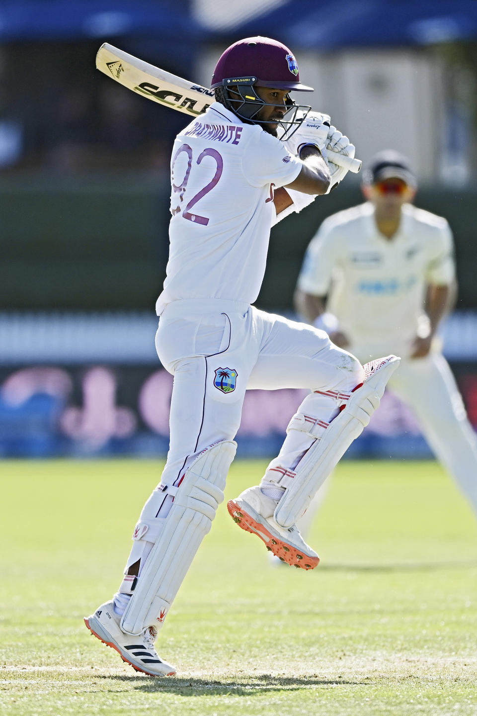 West Indies opener Kraigg Brathwaite bats during play on day two of the first cricket test between the West Indies and New Zealand in Hamilton, New Zealand, Friday, Dec. 4, 2020. (Andrew Cornaga/Photosport via AP)