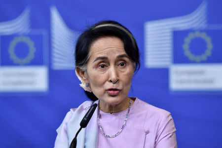 Myanmar State Counsellor Aung San Suu Kyi gives a news conference with European Union foreign policy chief Federica Mogherini (not pictured) in Brussels, Belgium May 2, 2017. REUTERS/Eric Vidal