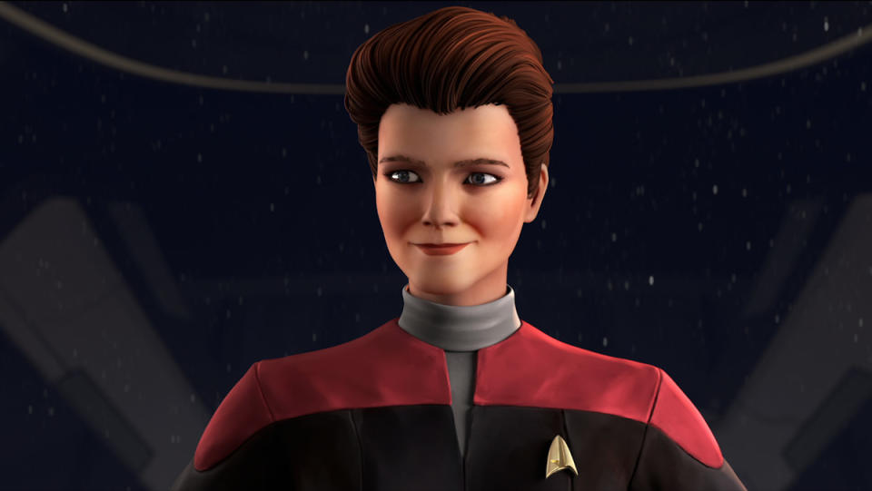 An animated hologram of Captain Janeway in Star Trek: Prodigy