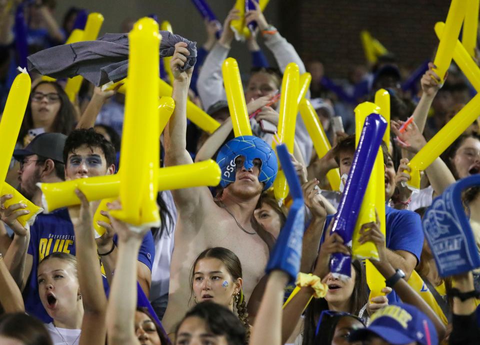 Delaware fans in the student section cheer as the Blue Hens continue their success against the Red Flash in the third quarter of Delaware's 42-14 win over Saint Francis at Delaware Stadium, Saturday Sept. 16, 2023.