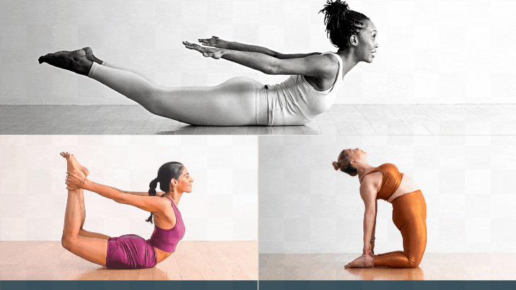Collage of three women practicing yoga back bending poses. A Black woman wearing light green reaches back in Locust Pose. A South Asian woman in dark magenta clothes practices upward-facing bow. A blonde woman reaches back into Camel pose. She wears rust colored tights and top. The are all against a plain white background.