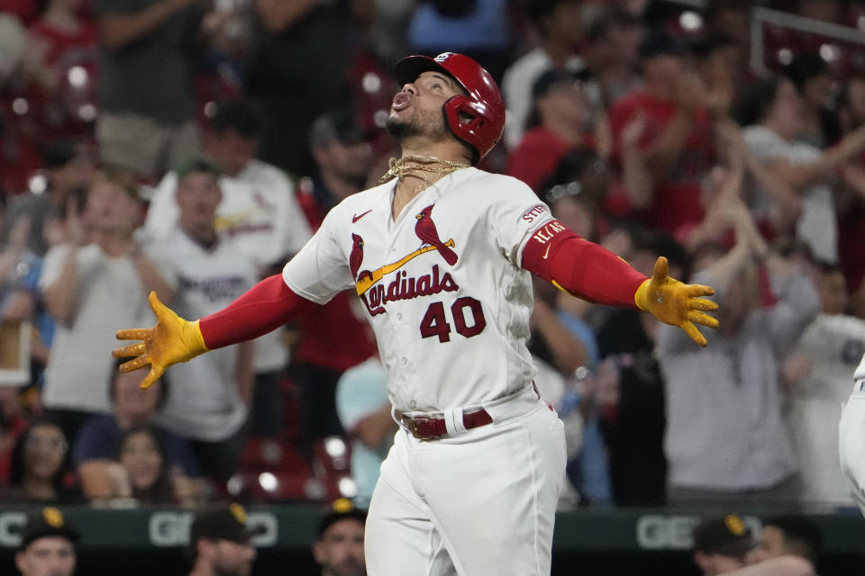 St. Louis Cardinals' Willson Contreras celebrates as he rounds the bases after hitting a two-run home run during the eighth inning of a baseball game against the San Diego Padres Tuesday, Aug. 29, 2023, in St. Louis. (AP Photo/Jeff Roberson)