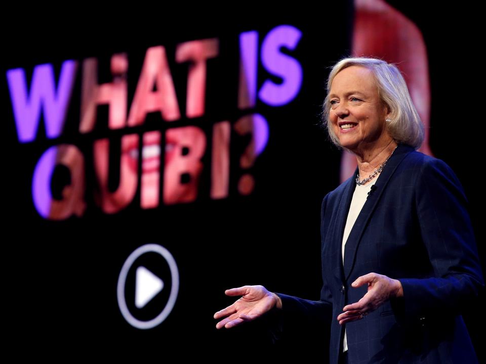 FILE PHOTO: Quibi CEO Meg Whitman speaks during a Quibi keynote address at the 2020 CES in Las Vegas, Nevada, U.S., January 8, 2020. REUTERS/Steve Marcus