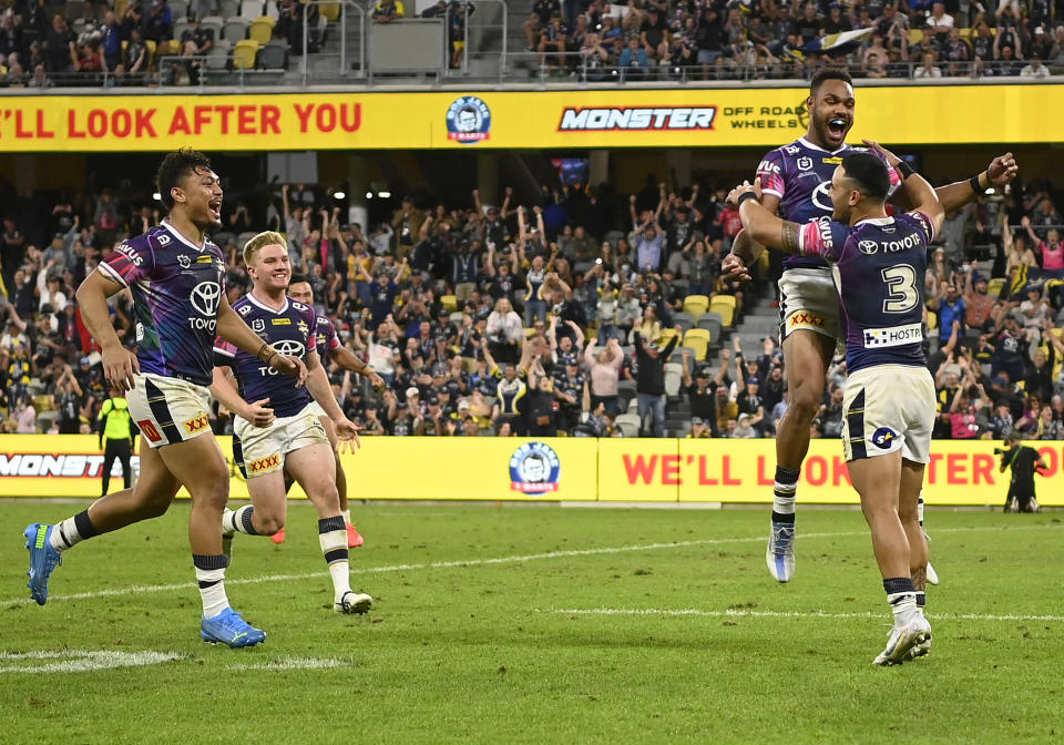 Valentine Holmes, pictured here after kicking the winning penalty goal for the Cowboys against the Tigers.