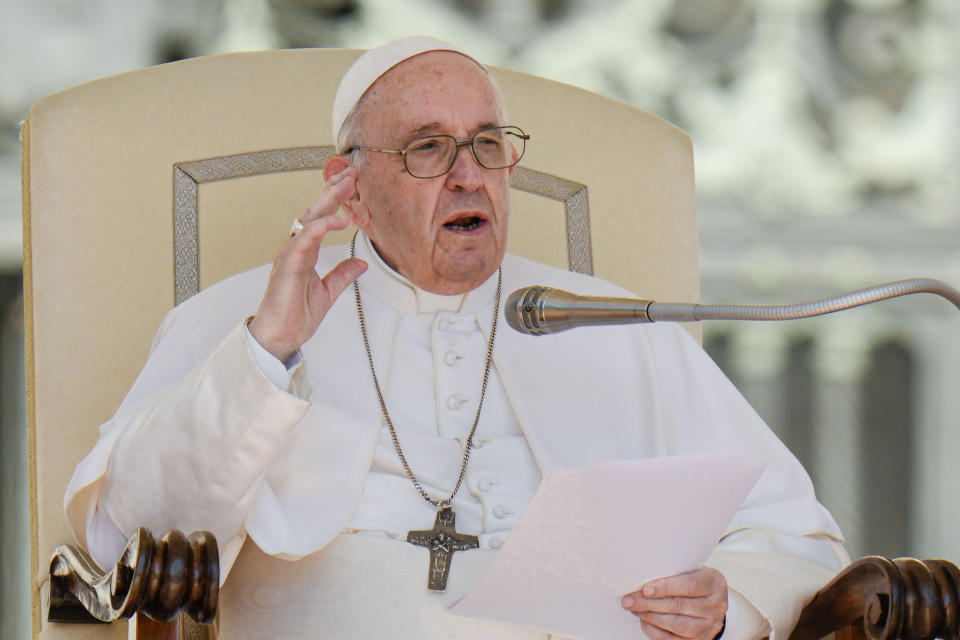 Pope Francis addresses the faithful during his weekly general audience in St. Peter's Square at The Vatican, Wednesday, June 8, 2022. (AP Photo/Alessandra Tarantino)