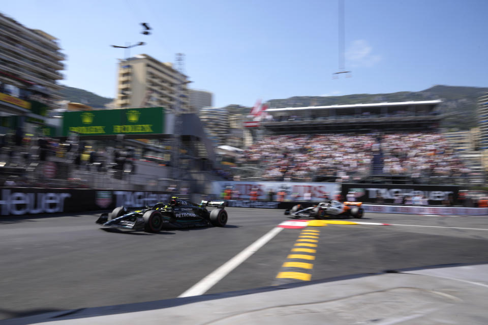 Mercedes driver Lewis Hamilton of Britain steers his car during the Formula One qualifying session at the Monaco racetrack, in Monaco, Saturday, May 27, 2023. The Formula One race will be held on Sunday. (AP Photo/Luca Bruno)