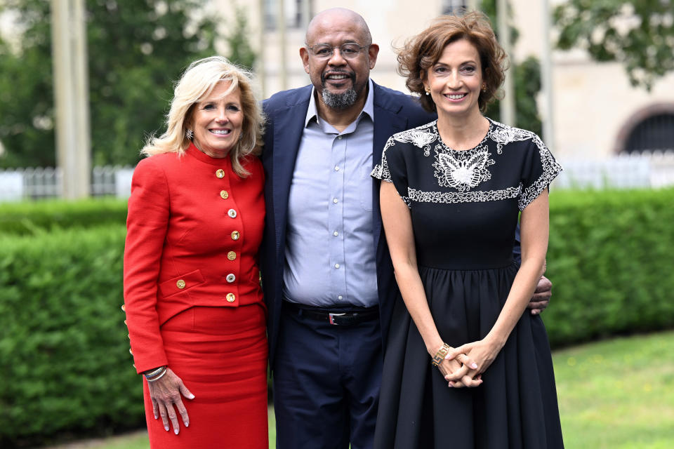 First Lady Jill Biden, left, actor Forest Whitaker and Unesco Director General Audrey Azoulay pose during a ceremony at the UNESCO headquarters in Paris, Tuesday, July 25, 2023. U.S. first lady Jill Biden visited Paris on Tuesday to attend a flag-raising ceremony at UNESCO, marking Washington's official reentry into the U.N. agency after a five-year hiatus. (Bertrand Guay, Pool via AP)