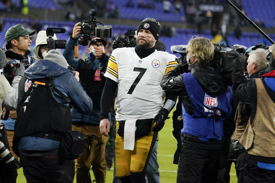 Pittsburgh Steelers quarterback Ben Roethlisberger (7) walks off the field after an NFL football game against the Baltimore Ravens, Sunday, Jan. 9, 2022, in Baltimore. The Steelers won 16-13. (AP Photo/Evan Vucci)