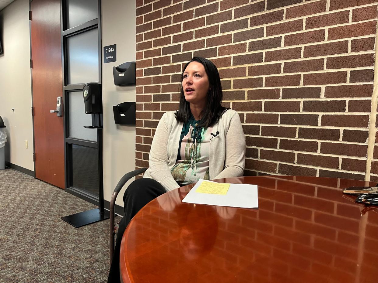 South Bend police Lt. Kayla Miller speaks to reporters at the South Bend Police Department headquarters on Friday, July 1, 2022 about a string of robberies tied to activity on dating apps.