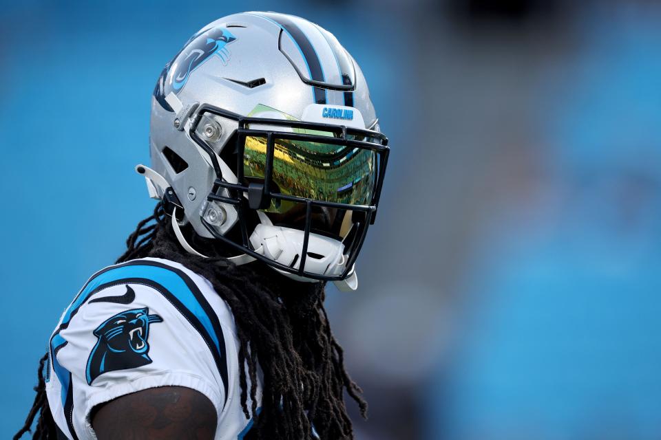 CHARLOTTE, NORTH CAROLINA - SEPTEMBER 18: Donte Jackson #26 of the Carolina Panthers looks on prior to the game against the New Orleans Saints at Bank of America Stadium on September 18, 2023 in Charlotte, North Carolina. (Photo by Jared C. Tilton/Getty Images)