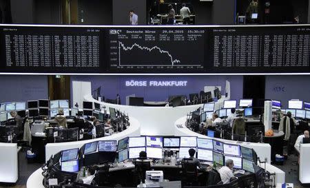 Traders are pictured at their desks in front of the DAX board at the Frankfurt stock exchange, Germany, April 29, 2015. REUTERS/Remote/Staff