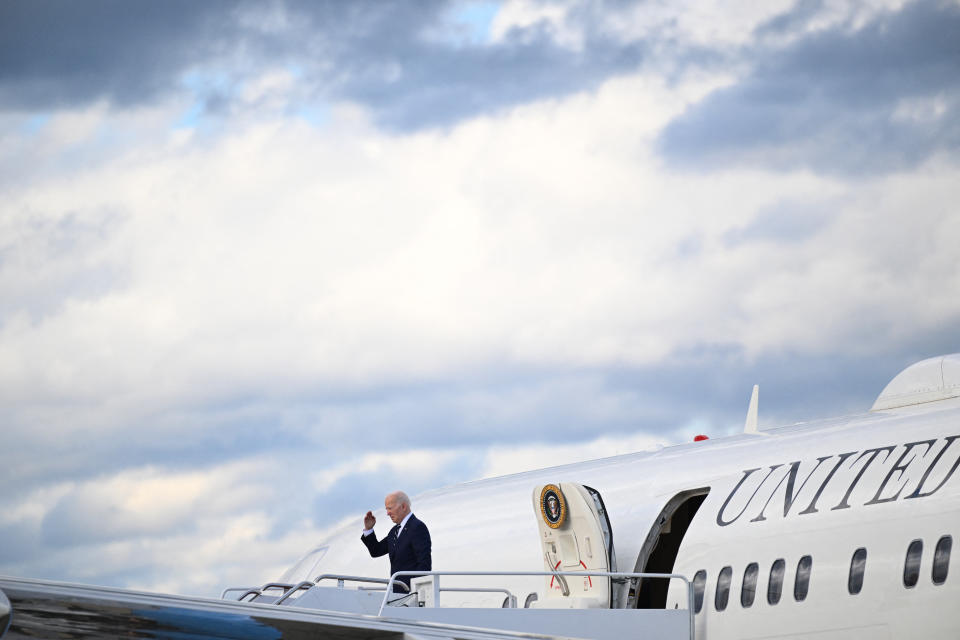 US President Joe Biden boards Air Force One at Joint Base Andrews in Maryland on April 12, 2024 as he departs for Rehoboth, Delaware, where he will spend the weekend. (Photo by Mandel NGAN / AFP) (Photo by MANDEL NGAN/AFP via Getty Images)