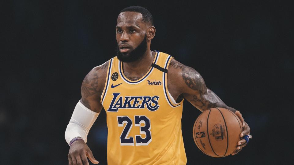Mandatory Credit: Photo by Marcio Jose Sanchez/AP/Shutterstock (10698777a)Los Angeles Lakers' LeBron James (23) dribbles during the first half of an NBA basketball game against the Brooklyn Nets in Los Angeles.