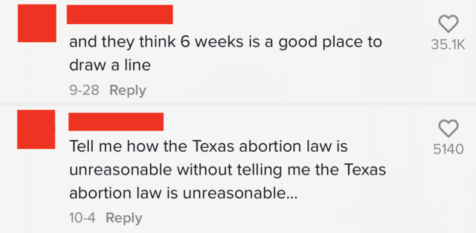 Comments on Nydia's TikTok saying "tell me how the texas abortion law is unreasonable without telling me the Texas abortion law is unreasonable