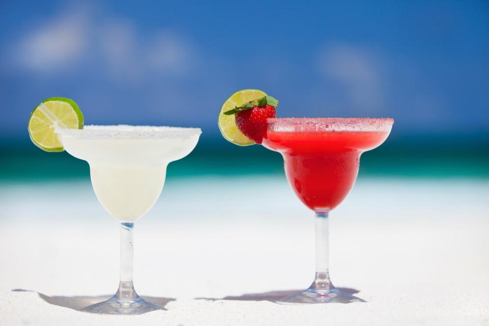 A frozen lime margarita and a frozen strawberry margarita are shown at the Margaritaville Beach Resort Grand Cayman at the Cayman Islands.