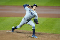 Tampa Bay Rays pitcher Tyler Glasnow throws a pitch to the Baltimore Orioles during the first inning of a baseball game, Friday, Sept. 18, 2020, in Baltimore. (AP Photo/Julio Cortez)