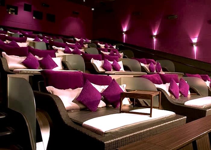 Velvet class: Picture yourself watching the latest Hollywood movie in a comfortable bed for two, or on a huge chaise lounge with pillow, and a butler that places the blanket for you, puts your shoes in storage and offers you socks to wear as a complimentary service.