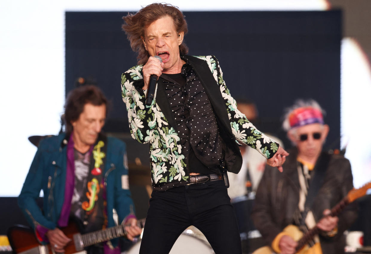 Mick Jagger, Ronnie Woods and Keith Richards of The Rolling Stones perform at the British Summer Time festival at Hyde Park in London, Britain, June 25, 2022. REUTERS/Henry Nicholls